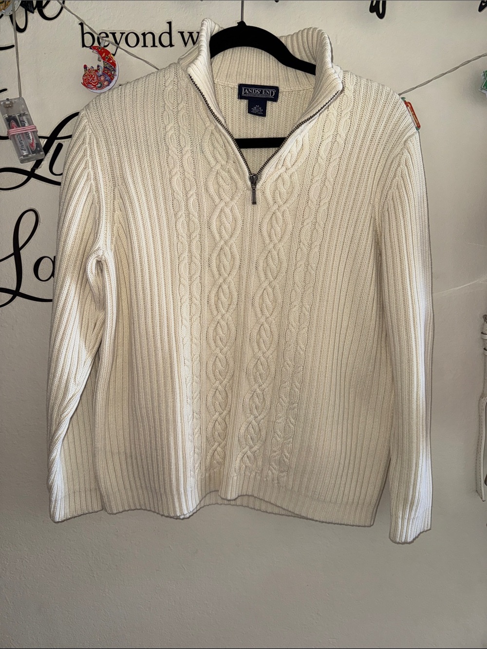 Lands' End Ivory Cable-Knit Half-Zip Pullover